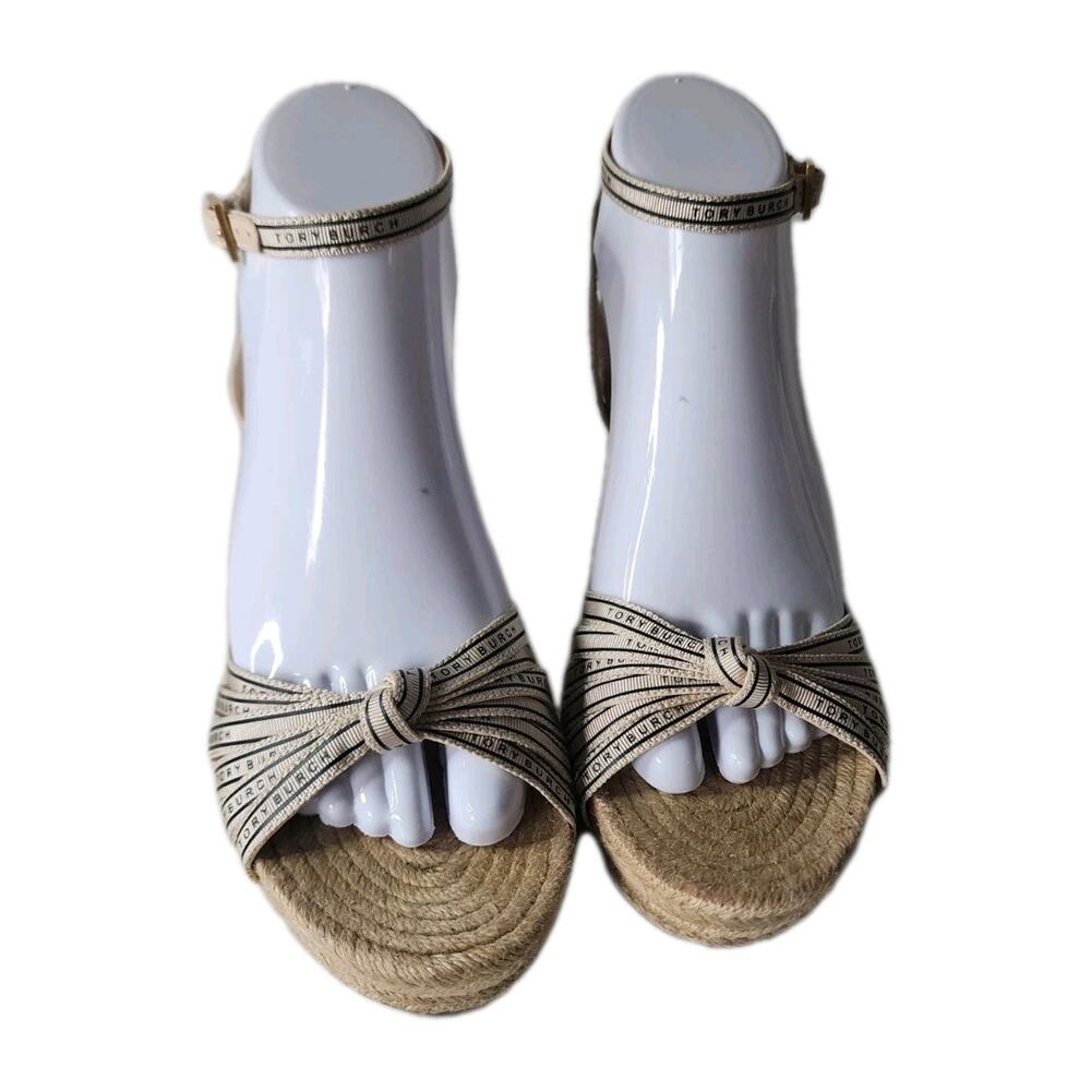 Tory Burch Beige Logo Strappy Ribbon Wedge Espadrille Sandals Heels Sz 7.5/8 - Picture 4 of 10